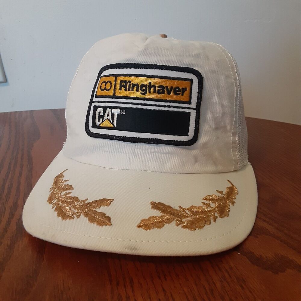 Vtg Caterpillar Trucker Hat Snap Back White CAT Adjustable One Size Read